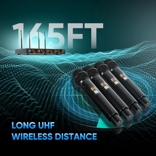 Wireless Microphone System, 4 Channels UHF Metal Cordless Handheld Wireless Mics Set - Adjustable Frequencies, Auto Scan, 165ft Range for Karaoke Singing Meeting Church Wedding (BLM404) - size: BLM404