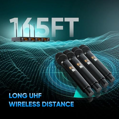Wireless Microphone System, 4 Channels UHF Metal Cordless Handheld Wireless Mics Set - Adjustable Frequencies, Auto Scan, 165ft Range for Karaoke Singing Meeting Church Wedding (BLM404) - size: BLM404