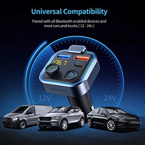 UNBREAKcable Bluetooth 5.3 FM Transmitter for Car Radio Adapter Charger | PD 20W and QC 3.0 Fast Charge, HiFi Bass Sound, Strong Mic, Hands Free Calls, Siri and Google Voice Assistant - color: Blue