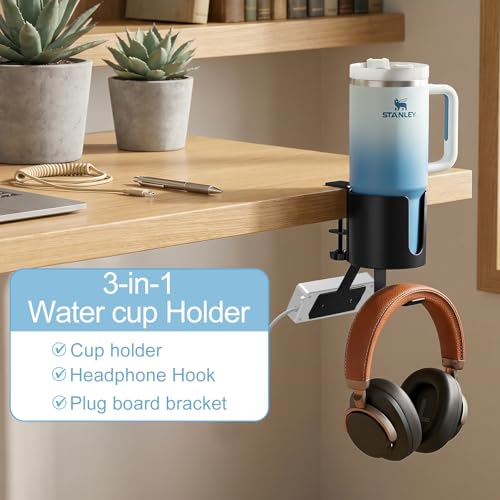 3 in 1 Desk Cup Holder Clamp, Clip On Table Cup Holder with Headphone Hook | Rotatable Water Bottle Drink Coffee Mug Organizer with Power Strip Holder, Gaming Accessories for Home and Office - color: With Power Strip Holder