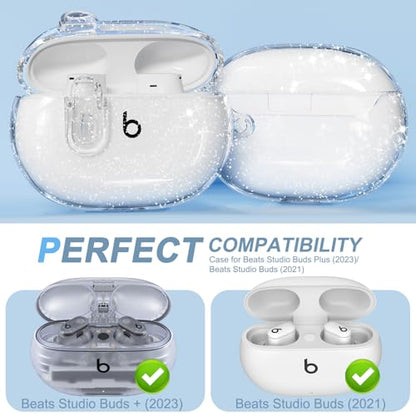 for Beats Studio Buds/Studio Buds Plus Case Cover with Lock, Glitter Clear | Protective Cover for New Beats Studio Buds + Wireless Earbuds Case with Keychain & Cleaner Kit (2021/2023) - color: Glitter Clear+P