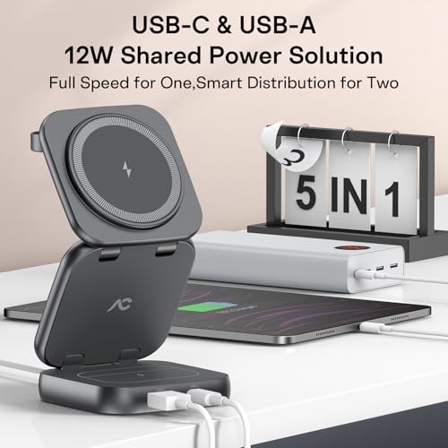 5-in-1 Wireless Charger for MagSafe, AC ISLAND Portable Travel Charging Station, 35W Max Qi2 Fast Foldable Magnetic Stand, Evolved for iPhone 17-12 Series, Apple Watch, AirPods (with 35W Adapter) - color: Grey