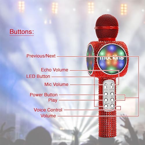Mockins Red Bling Karaoke Microphone for Kids - Wireless Microphone Karaoke w/Speaker, Voice Changer & Colorful LED Lights, Portable Kids Micro Phone - color: Red Bling