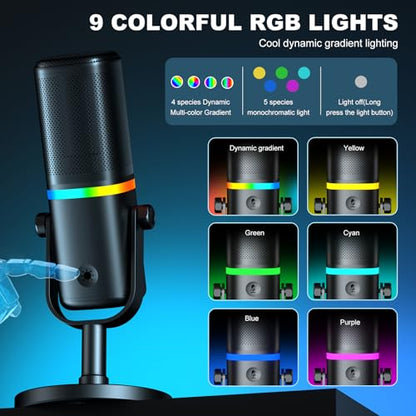 Aokeo Microphone for PC, AK-10 USB/XLR Dynamic Desktop Microphone for Gaming,Podcast,Streaming with RGB Light,Volume Control,Mute Button,Noise Reduction - color: Black