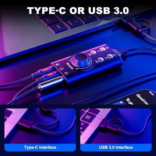 Facmogu Voice Changer with Multi Sound Effects, Portable USB 3.0/ Type-C to 3.5mm Jack Game Voice Changer, Virtual 7.1 Surround Sound Voice Disguiser Device for PS4/ PS5/ Windows、MacOS PC/Laptop/Phone