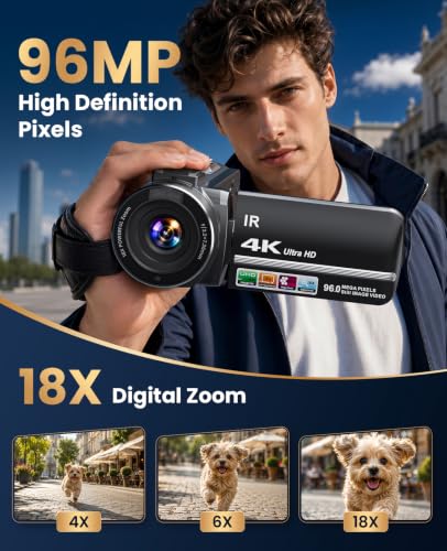 4K Video Camera Camcorder 96MP Vlogging Camera for YouTube 3.0" Touch Screen 18X Digital Zoom IR Night Vision with External Stereo Microphone,Remote,Lens Hood,Handheld Stabilizer,32G Card &2 Batteries