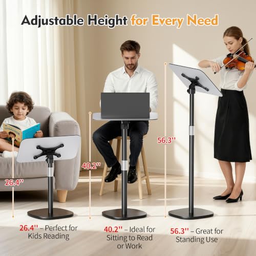 Floor Book Stand for Reading, Height Adjustable 26”-56”Music Stand | Reading Stand with Tilt Panel & Page Clips, Stable Weighted Base, Holds Books, Music Sheets & 15” Laptops