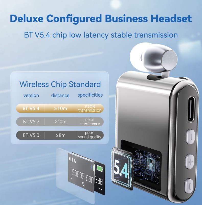 K89 Wireless Business Bluetooth Headset with LCD Display, Retractable Single Ear BT5.4 Earphone, Caller ID and Battery Level Indicator, Clip-On Hands-Free for Music, Driving, Sporting (Brown) - color: Brown