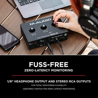 M-Audio M-Track Solo USB Audio Interface with XLR Input Plus M-Audio Over Ear Studio Headphones with Closed Back Design for Monitoring