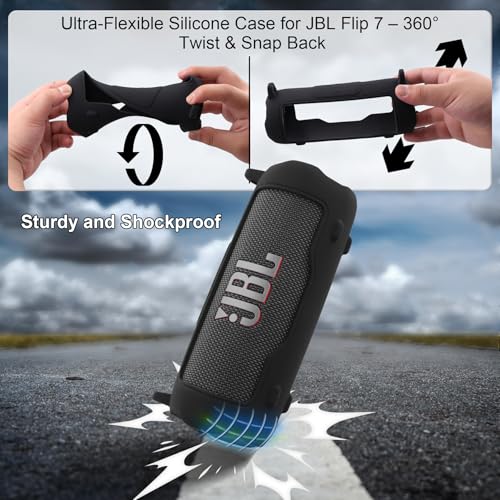 khanka Silicone Case for JBL Flip 7 Waterproof Bluetooth Speaker,Black | Soft Protective Sleeve Cover with Shoulder Strap for JBL Flip 7 Portable Bluetooth Speaker - color: Black