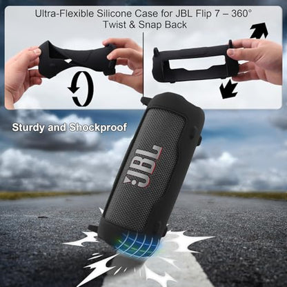 khanka Silicone Case for JBL Flip 7 Waterproof Bluetooth Speaker,Black | Soft Protective Sleeve Cover with Shoulder Strap for JBL Flip 7 Portable Bluetooth Speaker - color: Black