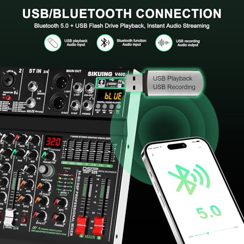 4 channel professional portable mixer, 320 DSP effects + 48V phantom power, Bluetooth sound card + 7-Band Eq Output, for PC recording, karaoke studio effects, and streaming playback