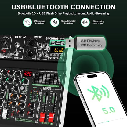 4 channel professional portable mixer, 320 DSP effects + 48V phantom power, Bluetooth sound card + 7-Band Eq Output, for PC recording, karaoke studio effects, and streaming playback