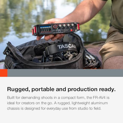 TASCAM FR-AV4 4-Channel 32-Bit Float Field Recorder with Mixer for Camera Rigs, 4 XLR/TRS Inputs, Timecode Generator, HDMI Sync, 192kHz, USB-C Audio Interface