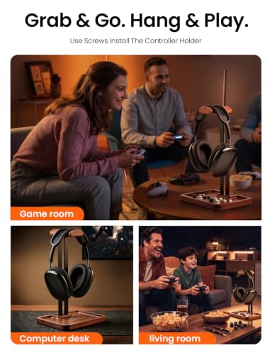 LOXP Wooden Headphone Holder, Solid Stand with Non-Slip and Storage Base | Anti-Rust Gravity Arm, Hardwood Earphone Hanger for Desk, Universal Fit for Gaming Headsets, Studio Headphones