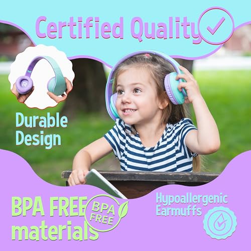 PowerLocus Kids Headphones Over-Ear, Bluetooth Wireless Headphones for Kids,with Microphone, Safe 85DB Volume Limited, Foldable with Carry Case, Audio Cable, Micro SD mode for Online Classes,PC,Phones - color: Teal