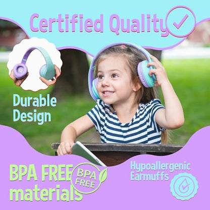 PowerLocus Kids Headphones Over-Ear, Bluetooth Wireless Headphones for Kids,with Microphone, Safe 85DB Volume Limited, Foldable with Carry Case, Audio Cable, Micro SD mode for Online Classes,PC,Phones - color: Teal