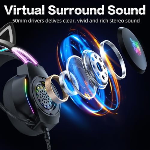 Gaming Headset with Microphone, Cat Ear Headphones for PC Laptop PS4 PS5 Xbox Switch, Rainbow RGB Lighting & Virtual Surround Sound, 3.5mm Wired Over Ear Headphones, Ergonomic - color: Black Cat Ear