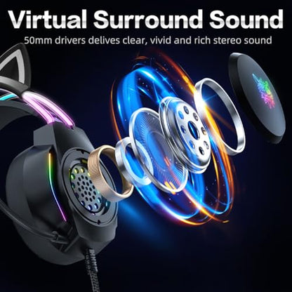 Gaming Headset with Microphone, Cat Ear Headphones for PC Laptop PS4 PS5 Xbox Switch, Rainbow RGB Lighting & Virtual Surround Sound, 3.5mm Wired Over Ear Headphones, Ergonomic - color: Black Cat Ear