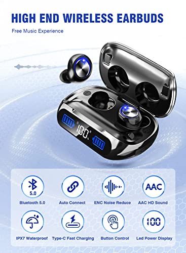 Wireless Earbuds 200hrs Bluetooth Playback, IPX7 Waterproof, Noise Canceling LED Power Display Earphones with Charging Case, In-Ear, Headphones with Mic for Phone Smart TV Laptop Computer Android iOS