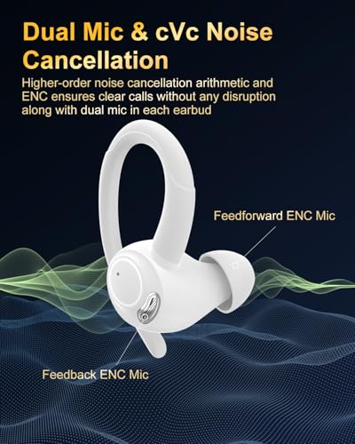 Wireless Earbuds, Bluetooth 5.4 Headphones Sport Over Ear Buds with ENC Mic | Noise Cancelling Mic,48H, Wireless Earphone With Earhooks, Stereo Deep Bass, IP7 Waterproof ear bud for Workout Running,White - color: White