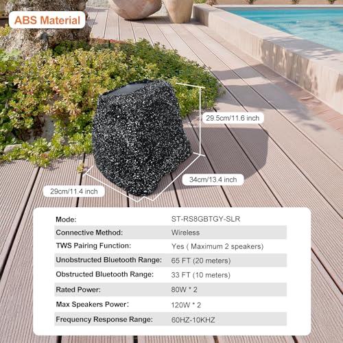 STUDIOFINIX 8" Rock Speakers Outdoor Waterproof - 5.3 Bluetooth Wireless Speaker Solar Powered Max Peak 240W for Garden,Patio,Deck,Pool,Backyard (Gray 1 Pair) - size: 8 Inch