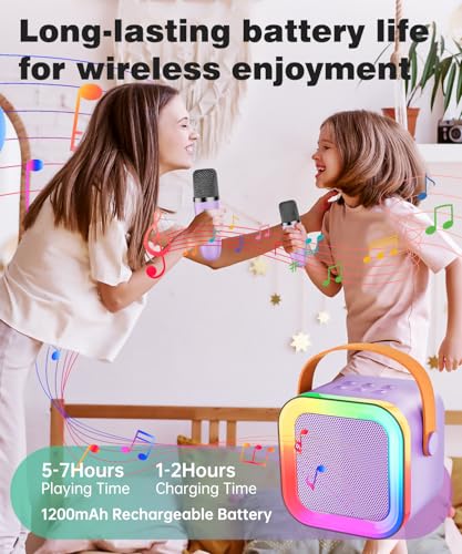 Mini Kids Karaoke Machine Ages 3-12, Wireless Microphones Bluetooth Speaker | LED Party Lights, Voice Changer, Duets, BT 5.3, Rechargeable Portable, Birthday Christmas Toys & Gifts for Boys & Girls - color: Purple - 1 Mic