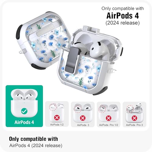WENEW Case for AirPods 4th Case Cover Secure Lock Automatic Snap Switch Clip Cleaner Kit Lanyard Women Stylish Flower Armour Hard Shell Full Body Front LED Visible (Blue Flower, AirPods 4th) - color: Blue Flower, size: AirPods 4