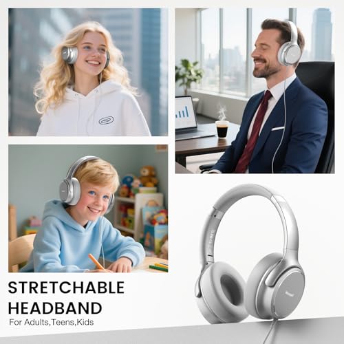 USB C Wired Over-Ear Headphones with Microphone | Volume Control, Share Port, Adjustable Headband Foldable Stereo Headset for Adult/Teens for iPhone 16, Laptop, Gaming, Travel - color: New Silver