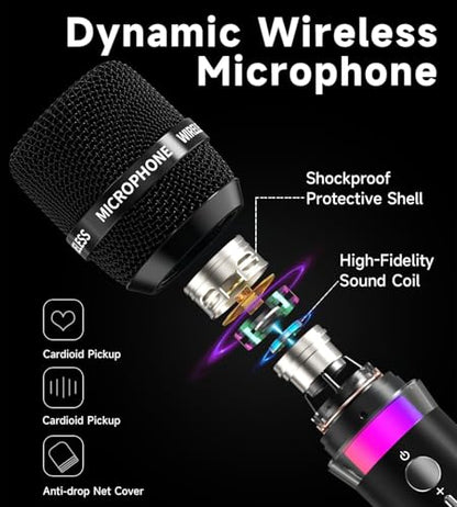 Wireless Microphone, Rechargeable Wireless Microphones with One-to-One Chip Connection and LED Lights, 40H Duration, 200FT Range Receiving, Less Latency Karaoke Microphone for Singing, Speech, Party - color: Black
