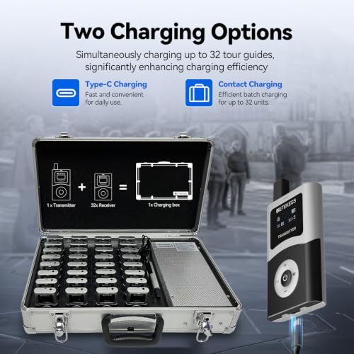 Retekess T130U(4nd Gen T130)Tour Guide System,Tour Guide Headsets(2TX 32RX) | for Factory,Travel,Clear Sound Quality,200M,Digital Mode, Wireless Connection,32-Slot Charge Case,40H,Less Interference Voice - style: 2-32
