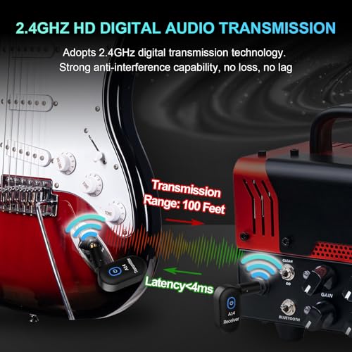 A14 Wireless Guitar System, 2.4GHz Rechargeable Transmitter Receiver, 24-bit 48KHz Audio, 100ft Range, Plug and Play, Compatible with Electric Guitar & Bass Accessories (2TX+1RX) - color: 2TX+1RX