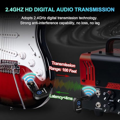 A14 Wireless Guitar System, 2.4GHz Rechargeable Transmitter Receiver, 24-bit 48KHz Audio, 100ft Range, Plug and Play, Compatible with Electric Guitar & Bass Accessories (2TX+1RX) - color: 2TX+1RX
