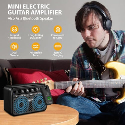 Mini Guitar Amp, 5W Small Portable Electric Guitar Amplifier, Clean & Drive Effects 2 Channels, Rechargeable Bluetooth Speaker with Headphone Jack, for Daily Practice (Black)