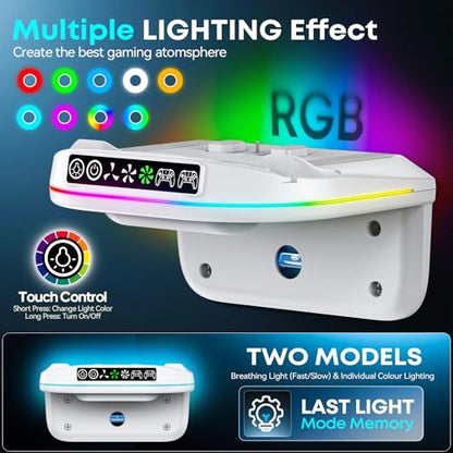 P S5 Wall Mount Kit with Cooling Fan and Charging Station Compatible with PS5/ Slim/ Pro Disc and Digital, PS Five Floating Shelf with 9 RGB Lights, PS 5 Mount Behind TV, P5 Accessories for Gaming, White - color: White