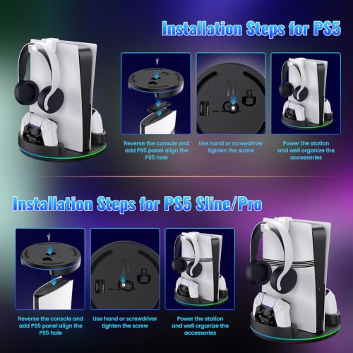 NEWDERY for PS5/Slim/Pro Console Stand with Controller Charger | Charging Station for PS5 Controllers, Adjustable RGB Light, for PS5 Controller Charger Stand, Black - color: Black