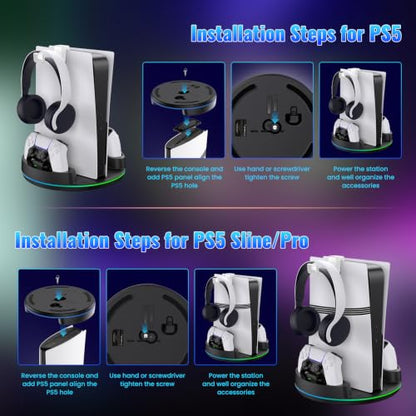 NEWDERY for PS5/Slim/Pro Console Stand with Controller Charger | Charging Station for PS5 Controllers, Adjustable RGB Light, for PS5 Controller Charger Stand, Black - color: Black