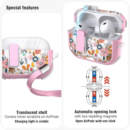WENEW for AirPods Pro 3 Case (2025) Cover Secure Lock Automatic Snap Switch Clip Cleaner Kit Lanyard Women Stylish Flower Hard Shell Full Body Front LED Visible (Pink Flower, AirPods Pro 3) - color: Pink Flower, size: AirPods Pro 3
