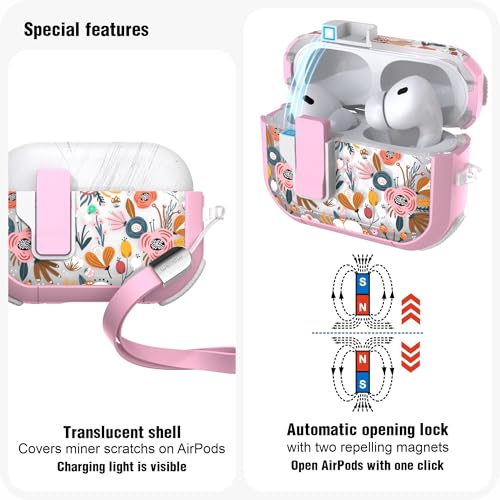 WENEW for AirPods Pro 3 Case (2025) Cover Secure Lock Automatic Snap Switch Clip Cleaner Kit Lanyard Women Stylish Flower Hard Shell Full Body Front LED Visible (Pink Flower, AirPods Pro 3) - color: Pink Flower, size: AirPods Pro 3