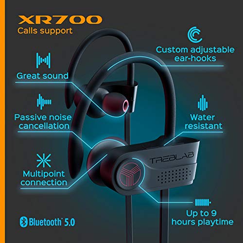 TREBLAB XR700 Wireless Earbuds - Bluetooth 5.0, IPX7 Waterproof | Noise Cancelling, Adjustable Earhooks, 9H Battery, Deep Bass, Mic - Sports Running Headphones for Workouts, Gym, Travel