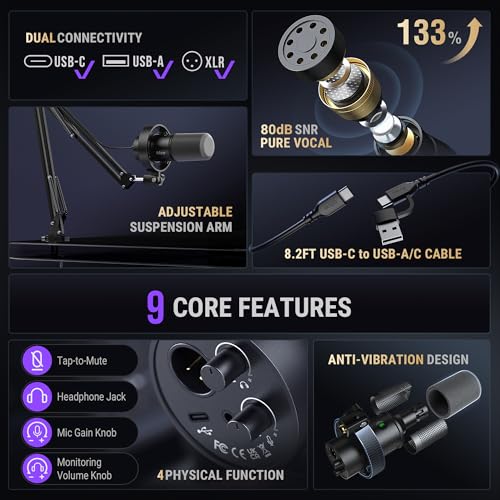 FIFINE AmpliTank K688CT Podcast Microphone Kit, USB/XLR Dynamic Vocal Mic | Streaming Mic with Boom Arm for PC/XLR Mixer, with Mute Button, Headphone Jack, Gain Knob, for Gaming Voice-Over Recording - size: K688CT Black