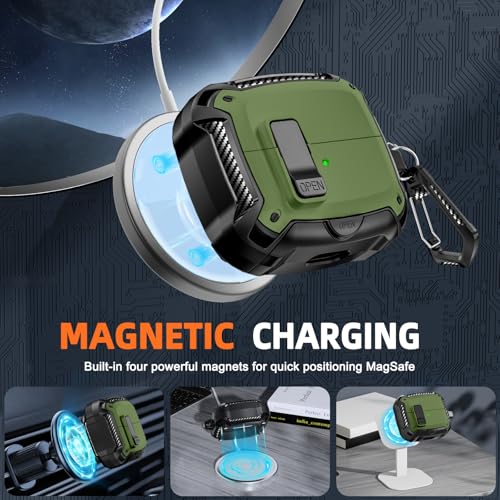 Safety Lock Case for Samsung Galaxy Buds3 FE/Pro/3 (Dark Green) | Compatible with MagSafe, with Phone Stand& Cleaning kit,Keychain, - color: Dark green