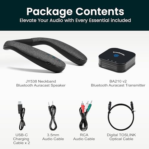 BA210 v2 Auracast Bluetooth Transmitter & JY538 Neckband Speaker | Pre-Paired for TV & Instant Setup | Bluetooth 5.3 & aptX Low Latency | Optical/3.5mm/RCA Inputs | 50H Neckband Playtime