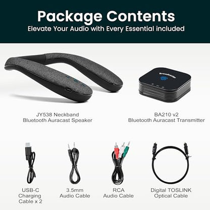 BA210 v2 Auracast Bluetooth Transmitter & JY538 Neckband Speaker | Pre-Paired for TV & Instant Setup | Bluetooth 5.3 & aptX Low Latency | Optical/3.5mm/RCA Inputs | 50H Neckband Playtime