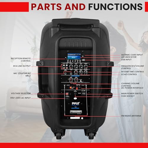 Pyle 1600 Watt, 15" Bluetooth PA Speaker - Indoor / Outdoor Portable Sound System with (2) UHF Wireless Microphones, Rechargeable Battery, Audio Recording, USB/SD Readers, FM Radio (PPHP1535WMU)