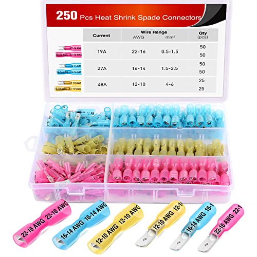 Nilight 250PCS Male Female Fully Insulated Heat Shrink Spade Terminal | Electrical Waterproof Wire Connectors for 22-16AWG 16-14AWG 12-10AWG Wires for Automotive Marine Wiring Project - color: 250Pcs Heat Shrink Spade Terminals