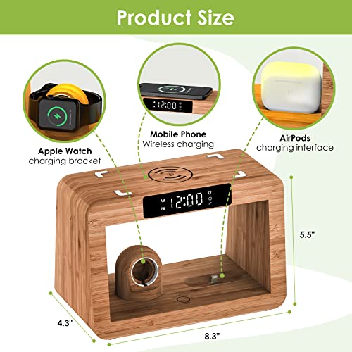 Bamboo Wireless Charging Station, Night Light with Digital Alarm Clock, Nightstand Charging Station for Apple Devices, Fast Wireless Charger for iPhone/Apple Watch/AirPods Pro