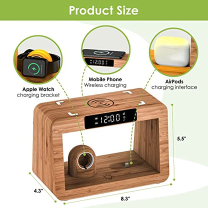 Bamboo Wireless Charging Station, Night Light with Digital Alarm Clock, Nightstand Charging Station for Apple Devices, Fast Wireless Charger for iPhone/Apple Watch/AirPods Pro