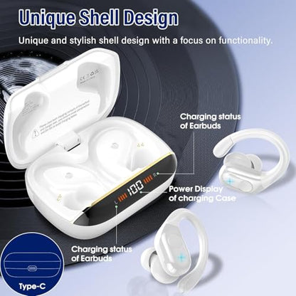 Qecnato Wireless Earbuds Bluetooth 5.4 Headphones 75H Stereo Deep Bass Sports Over Ear Buds with Earhooks, LED Display Bluetooth Earbuds with 4 ENC Mic, IP7 Waterproof Earphone for Running, White