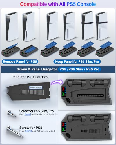 PS5/PS5 Slim/PS5 Pro Stand and Cooling Station with Dual Controller Charging Station for PlayStation 5 Console, PS5 Accessories Incl. Controller Charger, Cooling Fan, Headset Holder, 3 USB Hub, Black - color: Black